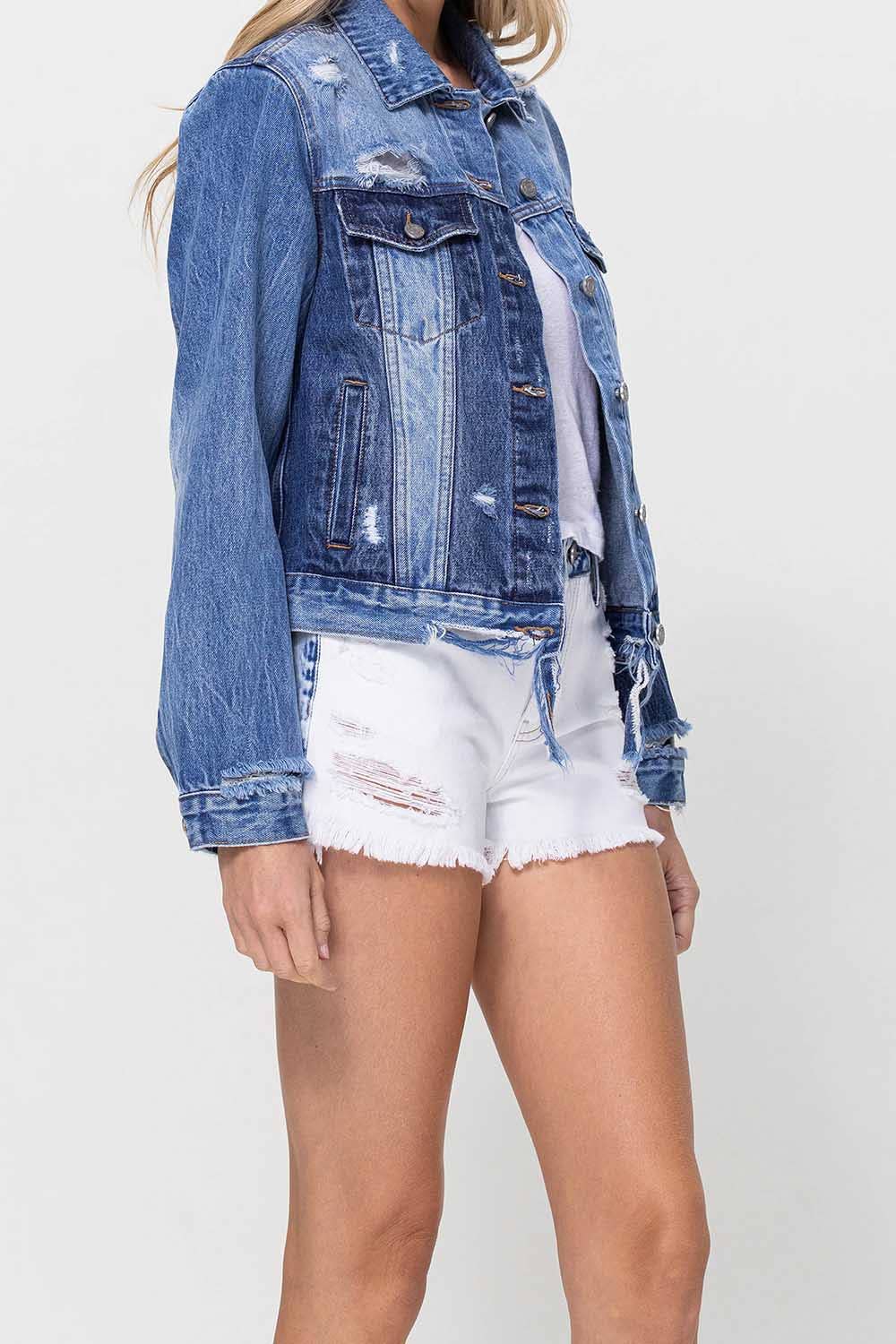 DISTRESSED CLASSIC FIT CROP JACKET W CONTRAST FABRIC V2745J