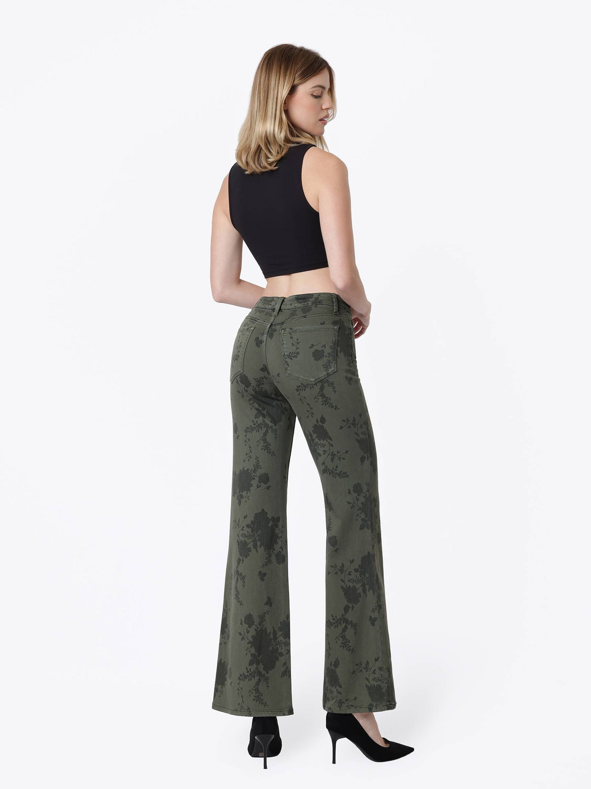 MID RISE GREEN FLORAL PRINT VINTAGE FLARE JEANS T7588GEN