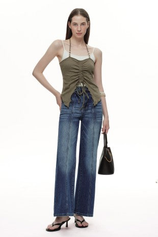 Distinctive Front Seam High Rise Wide Leg Jeans