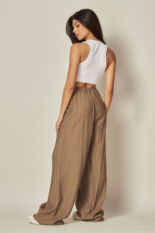 Tie waist crinkle textured pull on pant (3 colors)