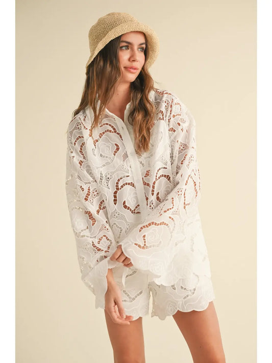 Floral eyelet patterned button down