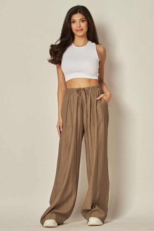 Tie waist crinkle textured pull on pant (3 colors)