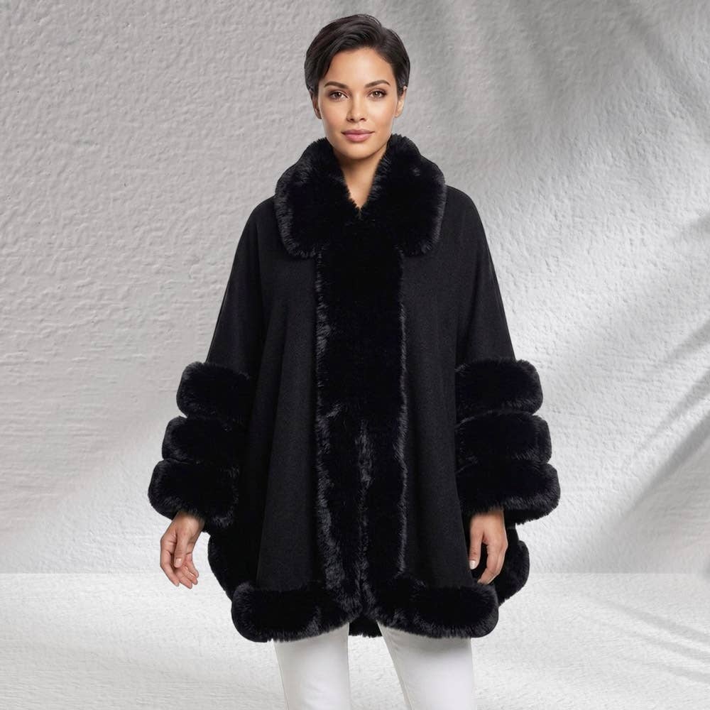 Faux Fur Trim Open Front Cape Coat Poncho