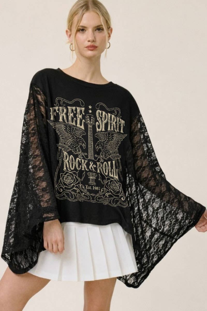 Vintage Free Spirit Rock & Roll Graphic Lace Wing Kaftan Top