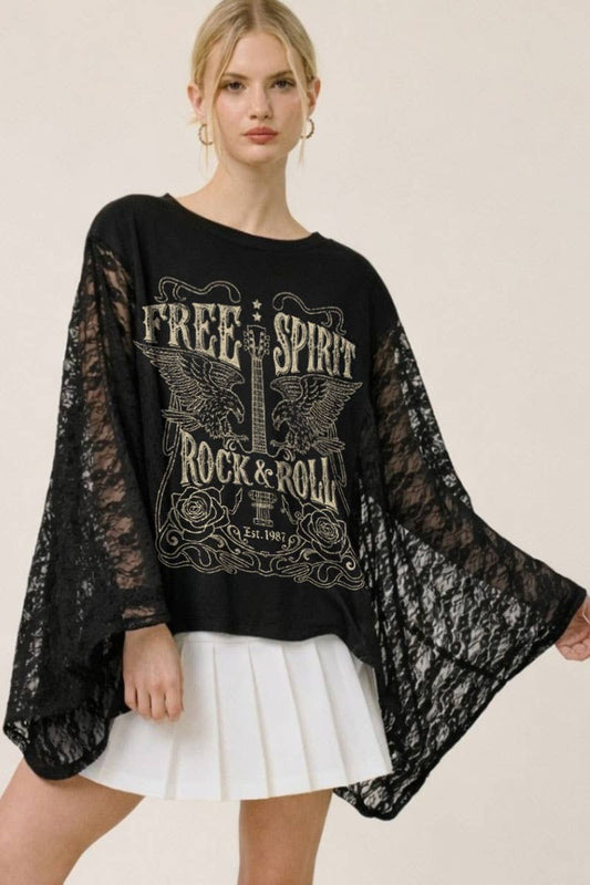 Vintage Free Spirit Rock & Roll Graphic Lace Wing Kaftan Top