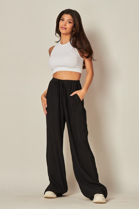 Tie waist crinkle textured pull on pant (3 colors)