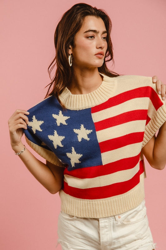 Flag cap sleeve cropped sweater