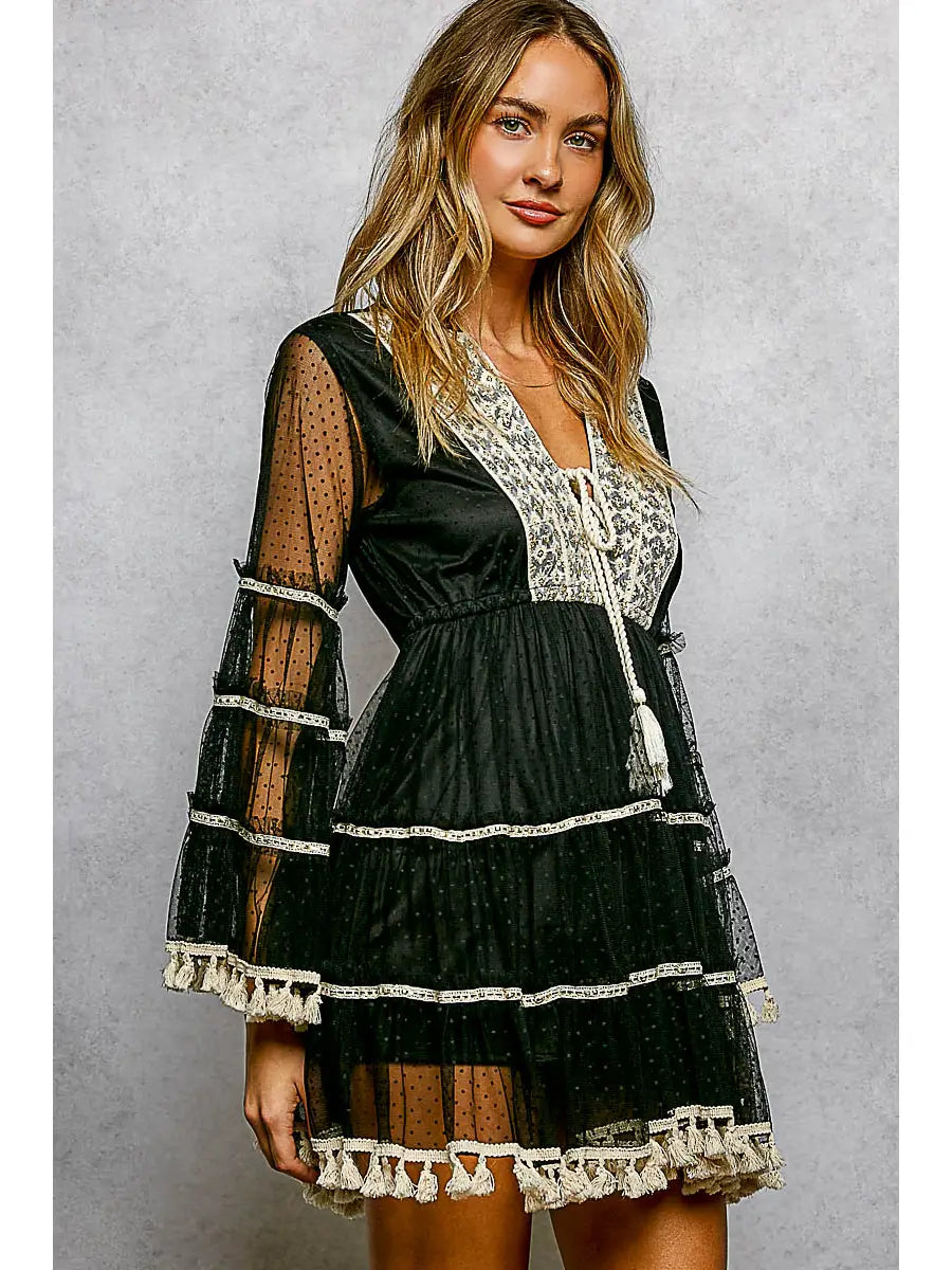 Embroidered tassel detail mini dress