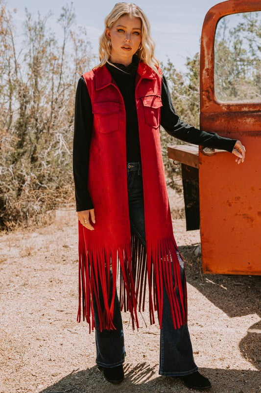 Burgundy faux suede fringe long vest