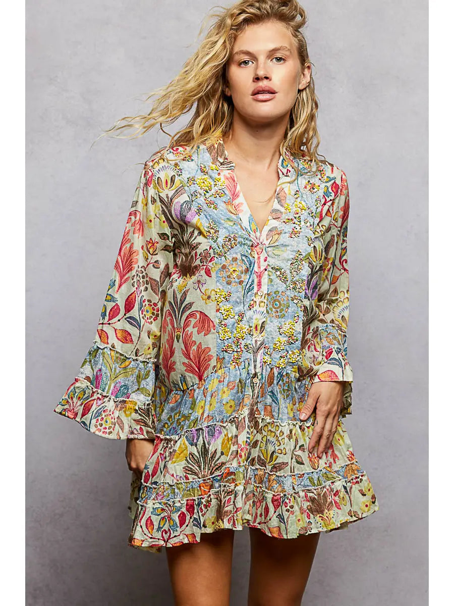V neck beaded ruffle sleeve mini dress