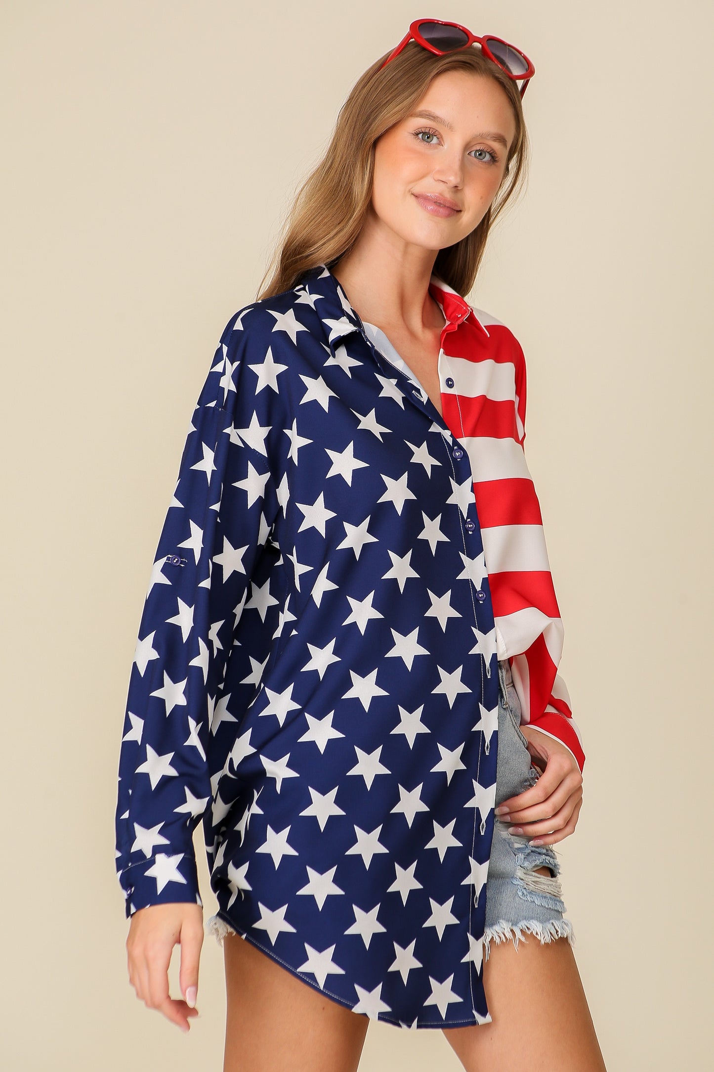 American flag print button down shirt dress