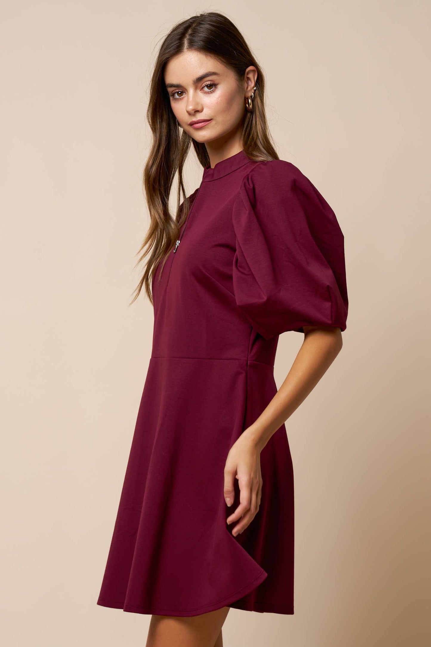 Hi Neck Puff Sleeve Fit & Flare Scuba Dress