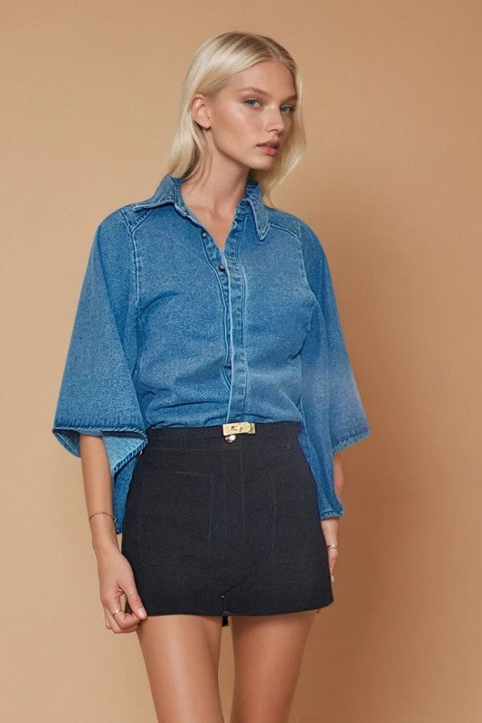 Trumpet sleeve denim blouse