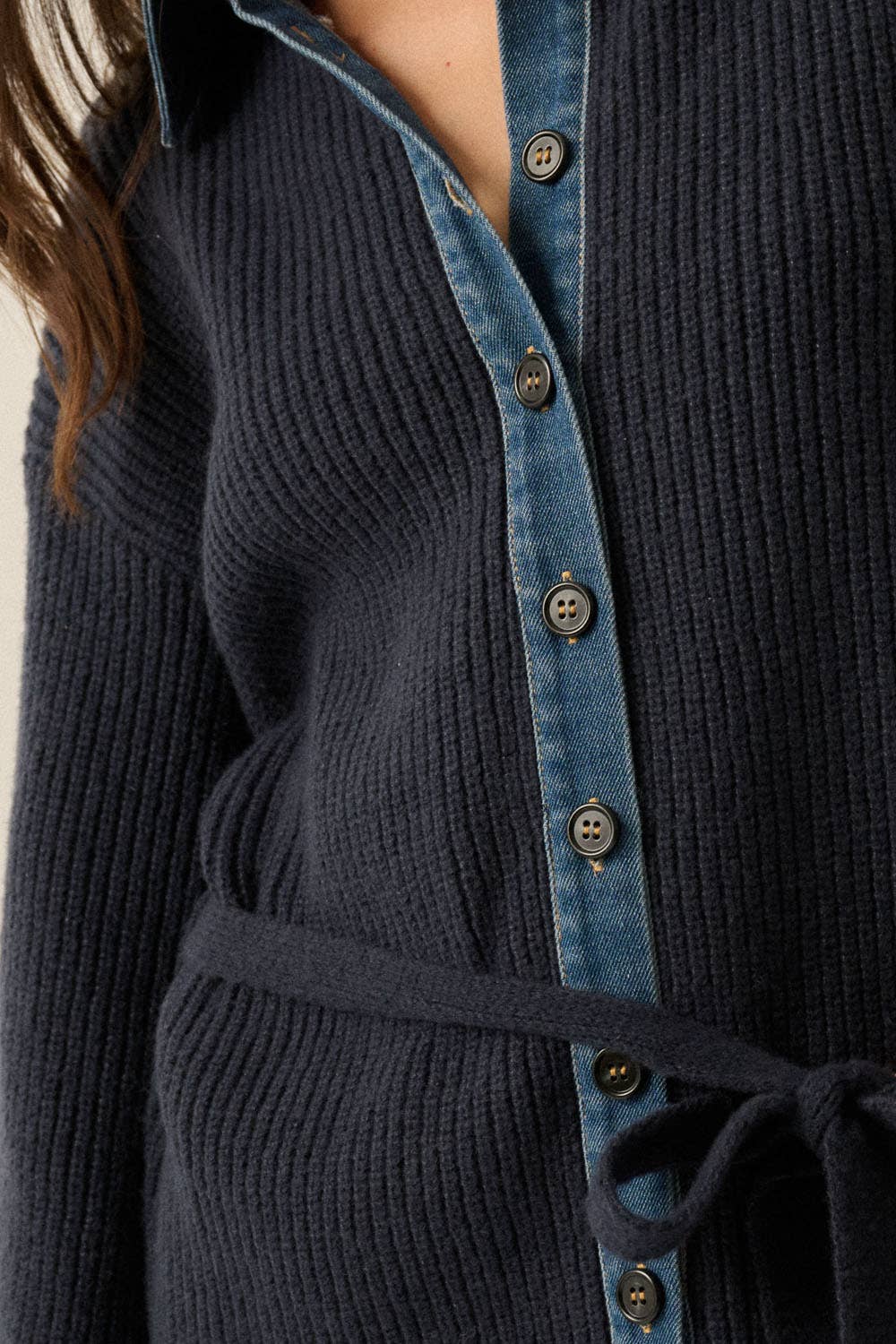 Rib-Knit & Denim Collared Buttoned Belted Mini Sweater Dress