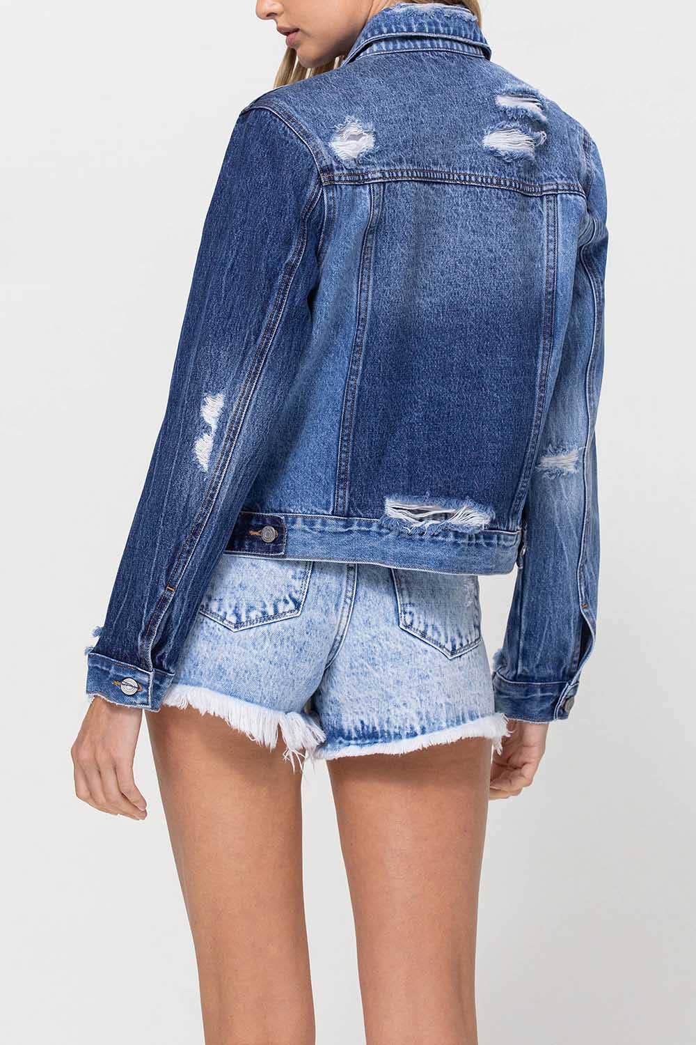 DISTRESSED CLASSIC FIT CROP JACKET W CONTRAST FABRIC V2745J