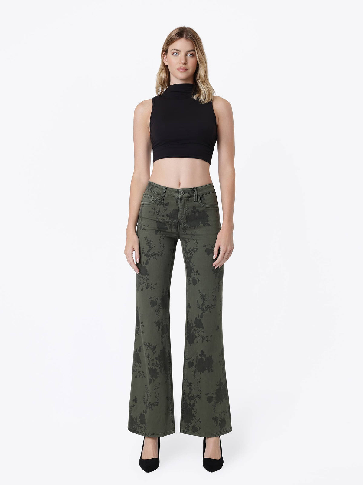 MID RISE GREEN FLORAL PRINT VINTAGE FLARE JEANS T7588GEN