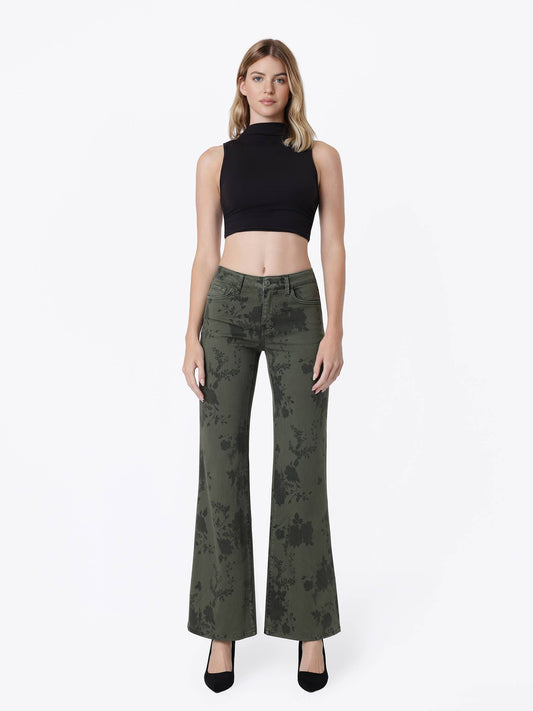 MID RISE GREEN FLORAL PRINT VINTAGE FLARE JEANS T7588GEN