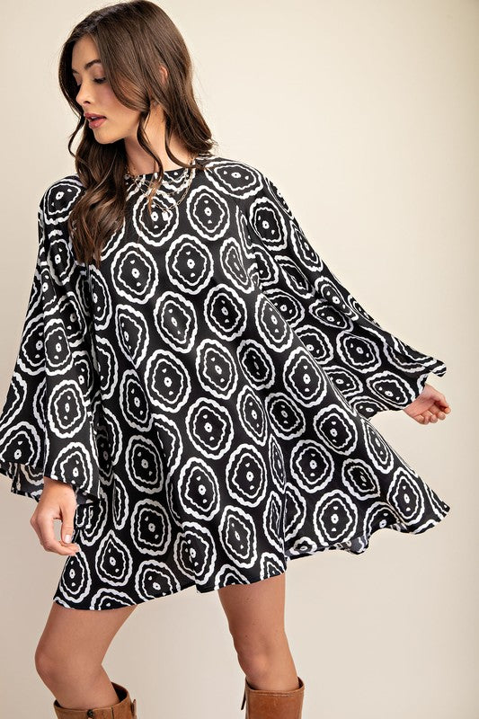 Flared mini dress with bell sleeve