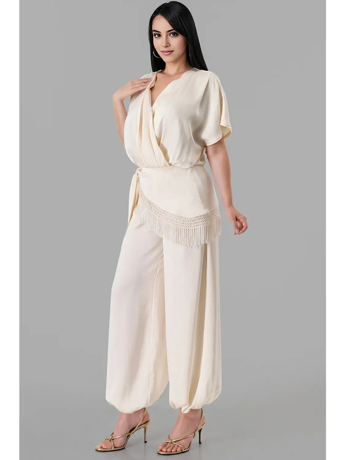 Draped V-Neck Satin Jumpsuit with Fringe Trim