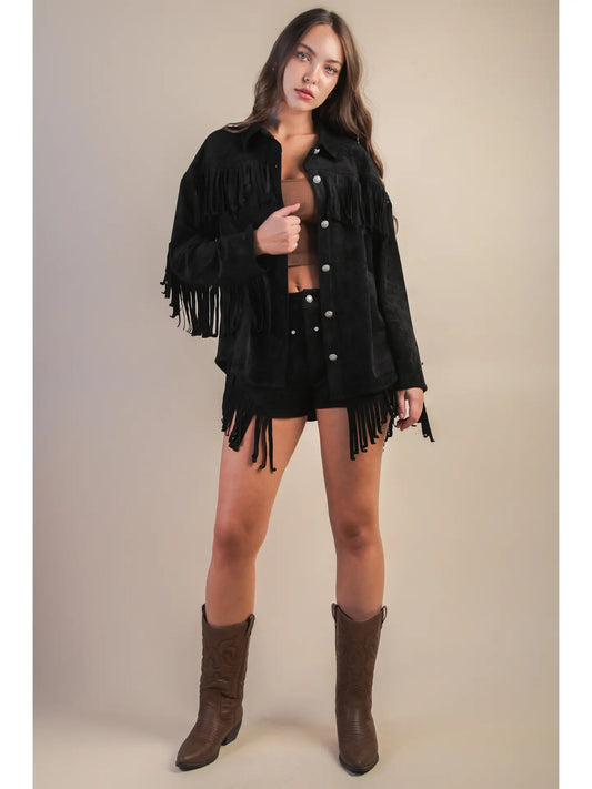 Suede feel fringe detail shacket