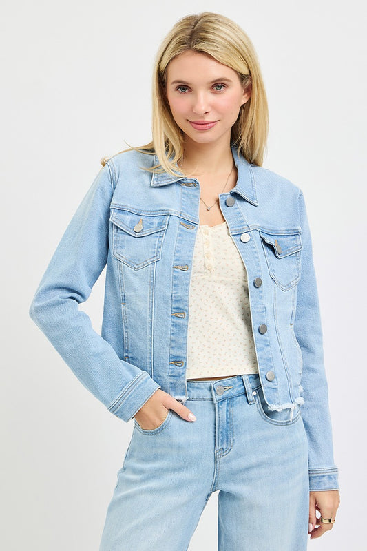 Frayed hem light wash denim jacket by Risen
