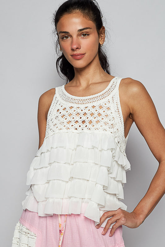 Ruffle detail tank top with crochet top (one size)