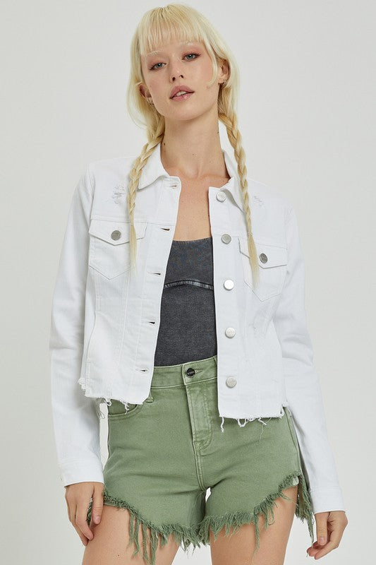 Irregular frayed hem white denim jacket