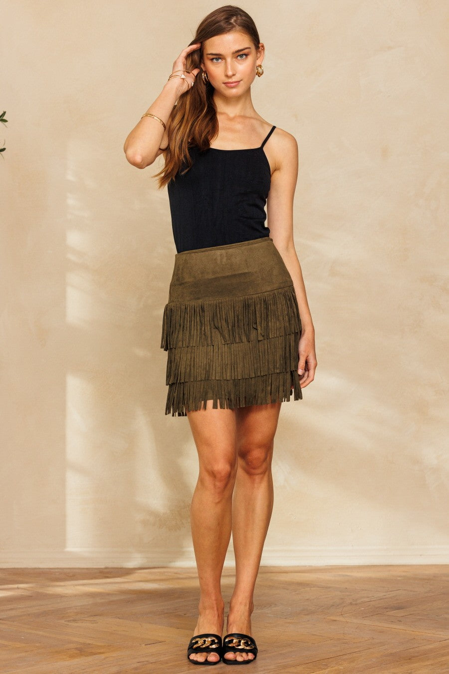 Olive faux suede fringe skirt