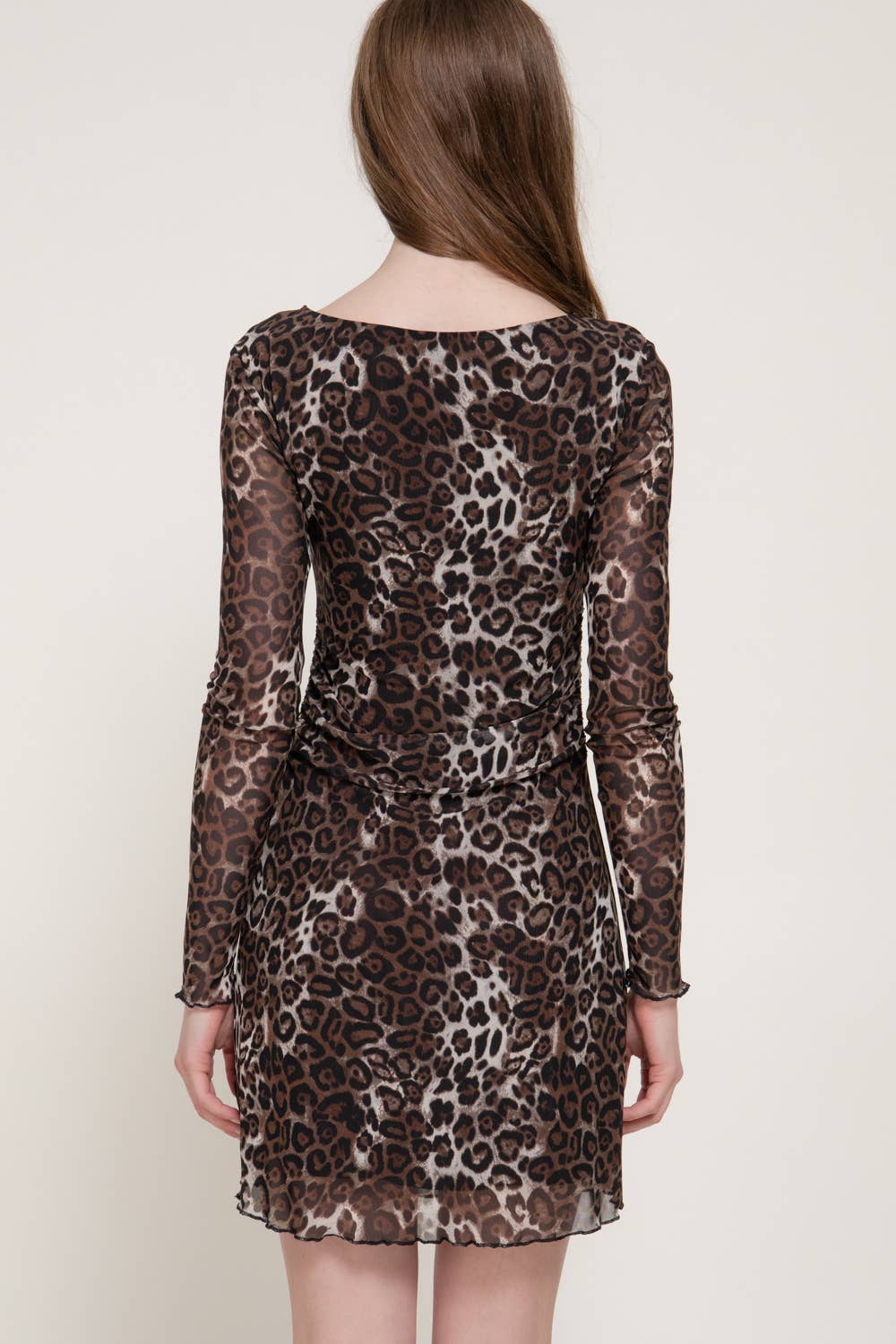 Long Sleeve Boat Neck Shirring Animal Print Mesh Mini Dress