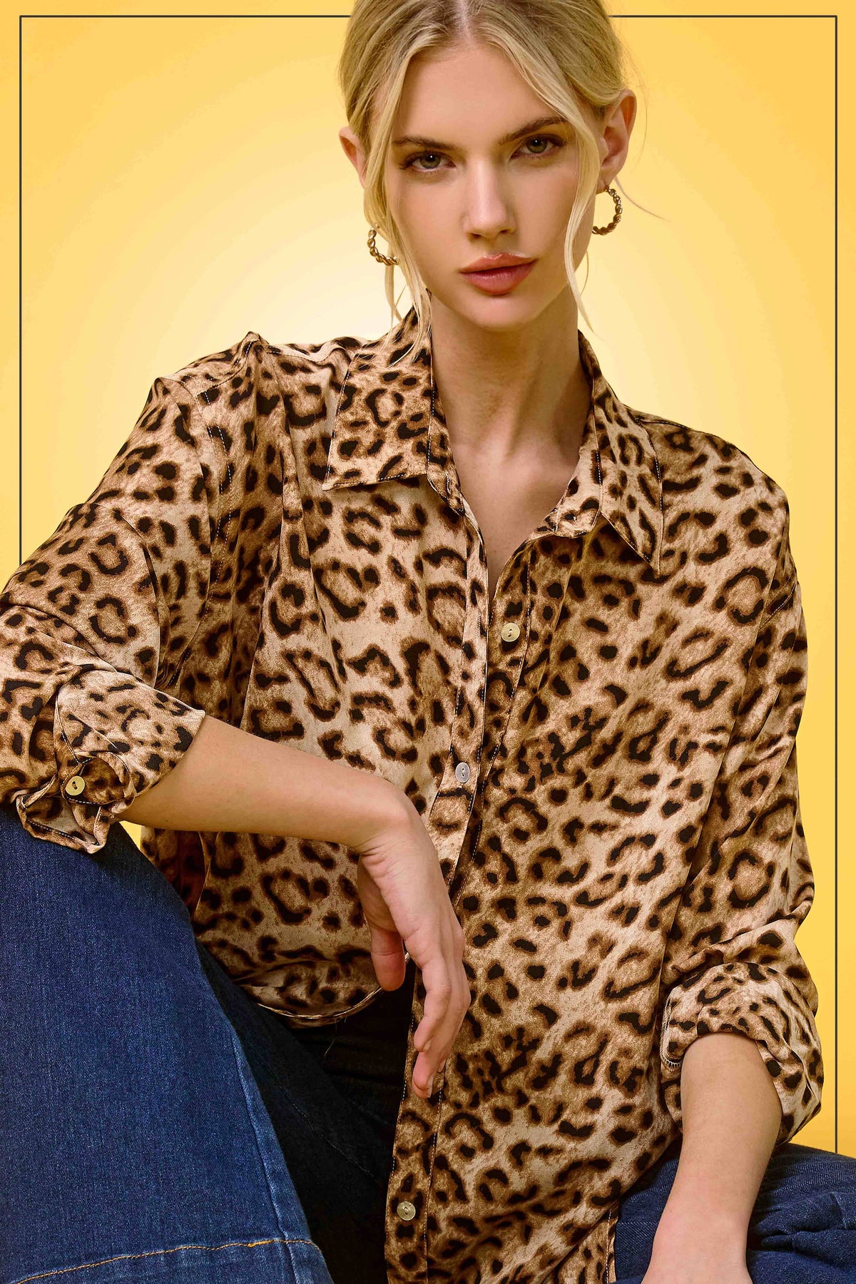 SRT7902-Leopard Printed Button Down Shirt Long Sleeve Fall