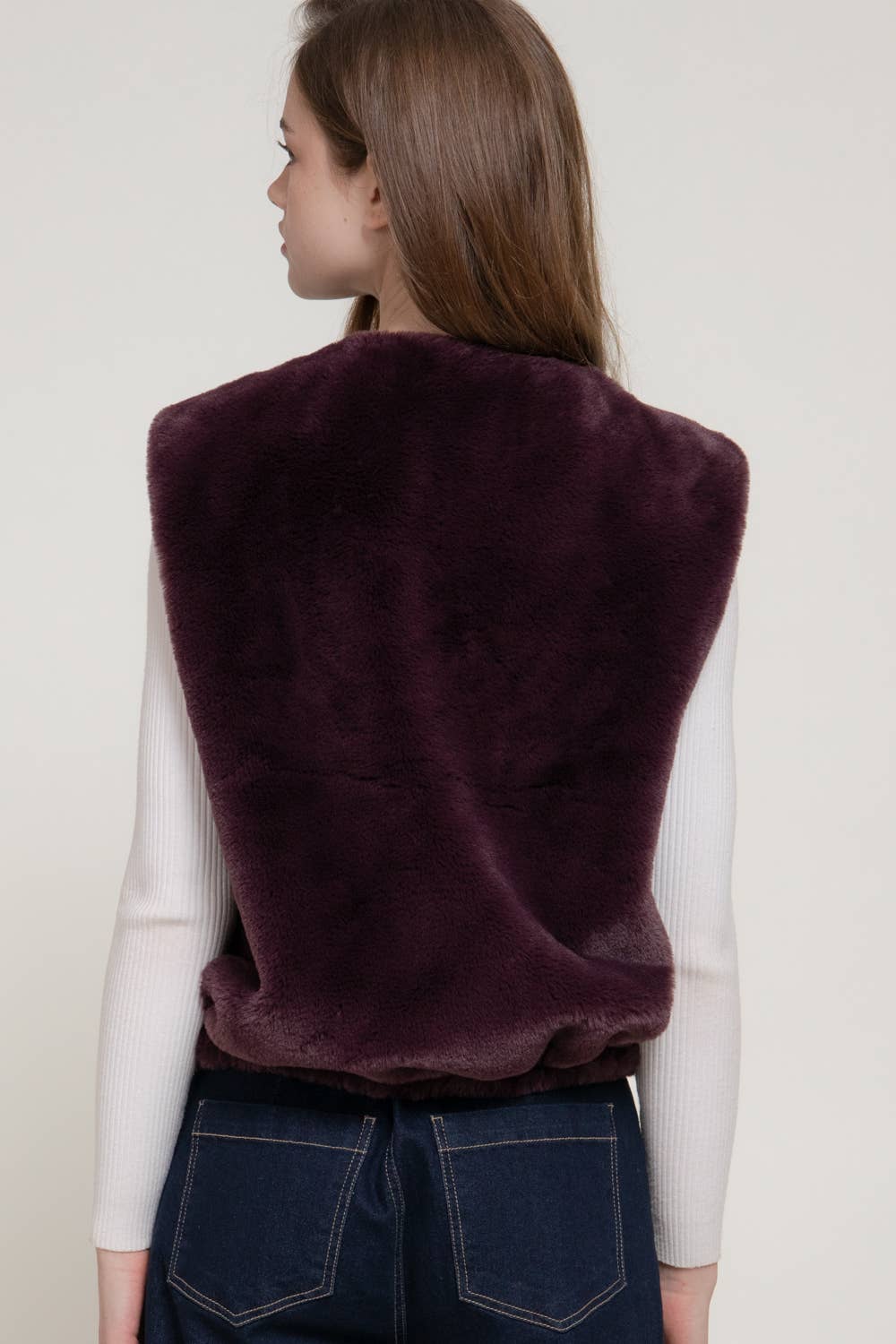 Round Neck Front Zipper with Flap Pocket Faux Fur Vest