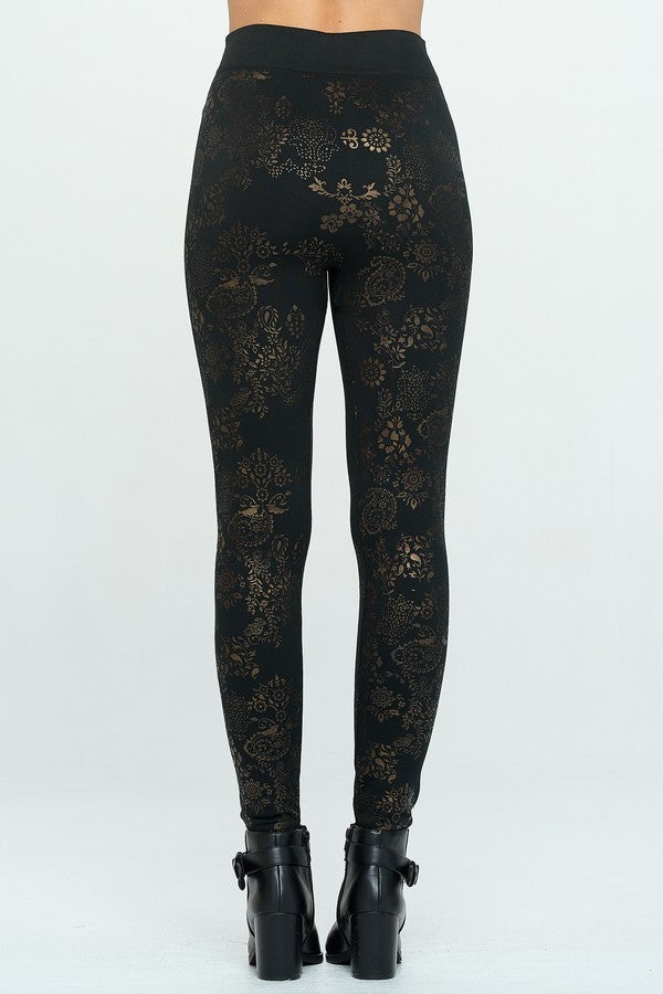 Metallic Golden Floral Seamless Fleece Leggings