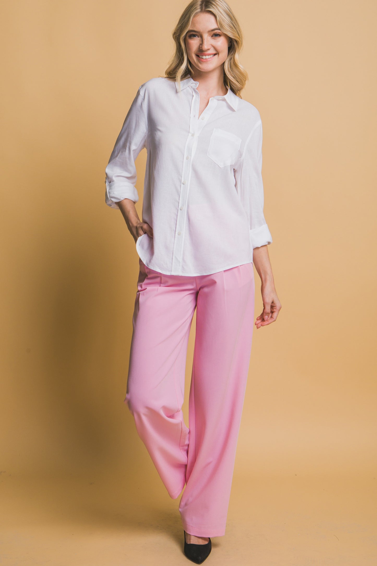 Roll up sleeve linen blend shirt