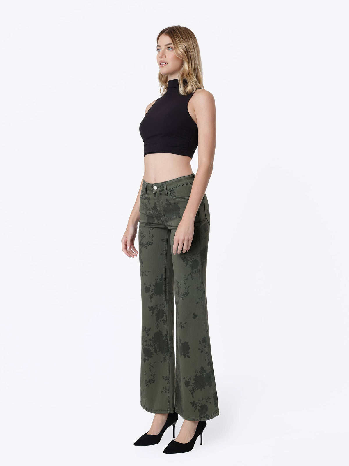 MID RISE GREEN FLORAL PRINT VINTAGE FLARE JEANS T7588GEN