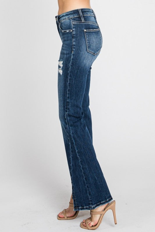 Mid rise bootcut jean with split hem