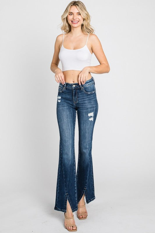 Mid rise bootcut jean with split hem