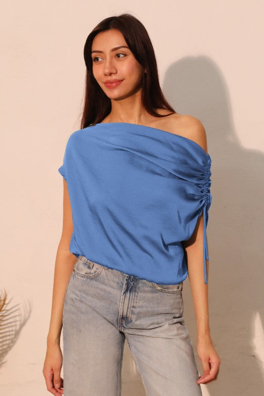 Poly silk asymmetrical drawstring top