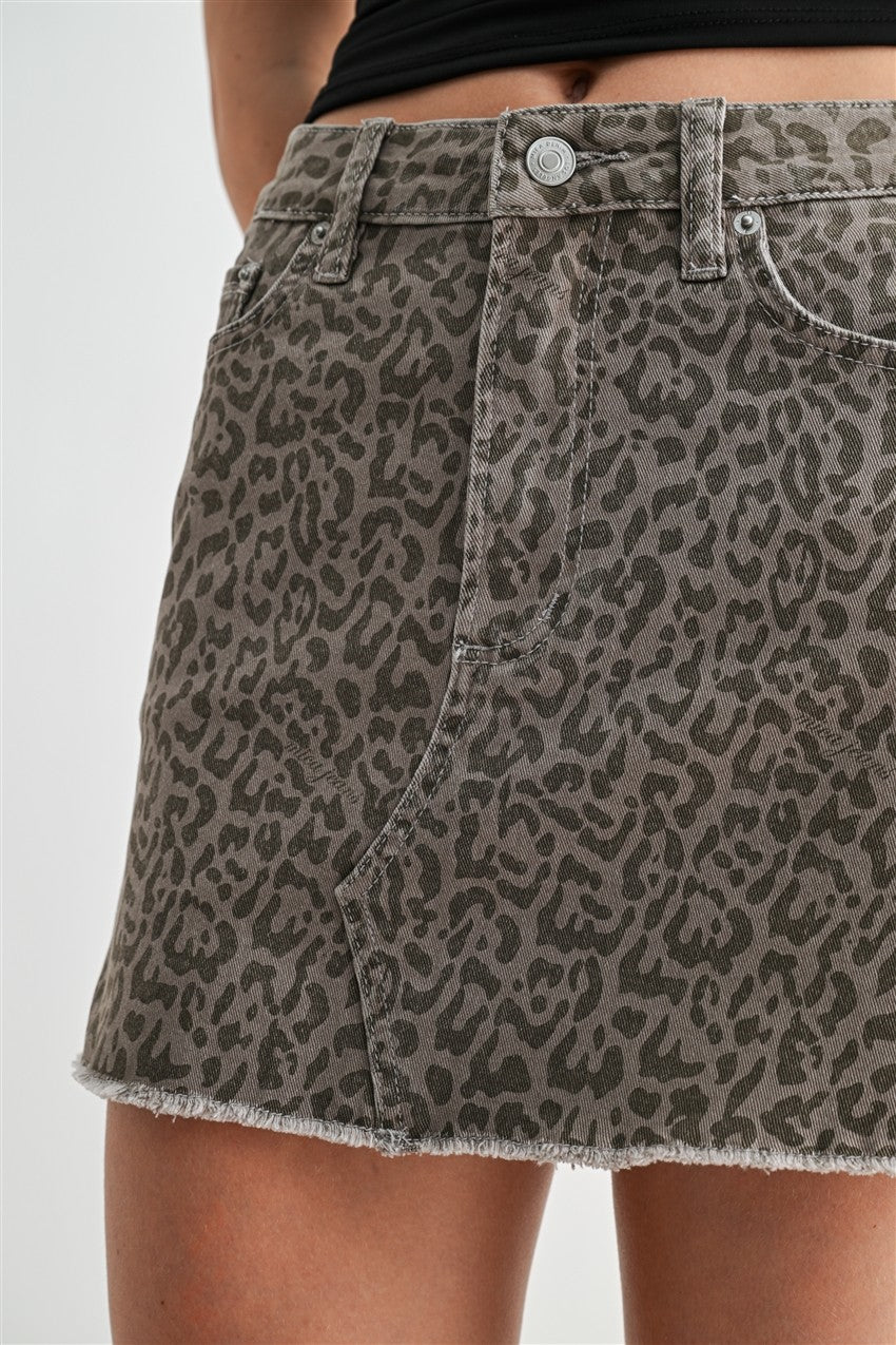 Raw hem leopard denim skirt