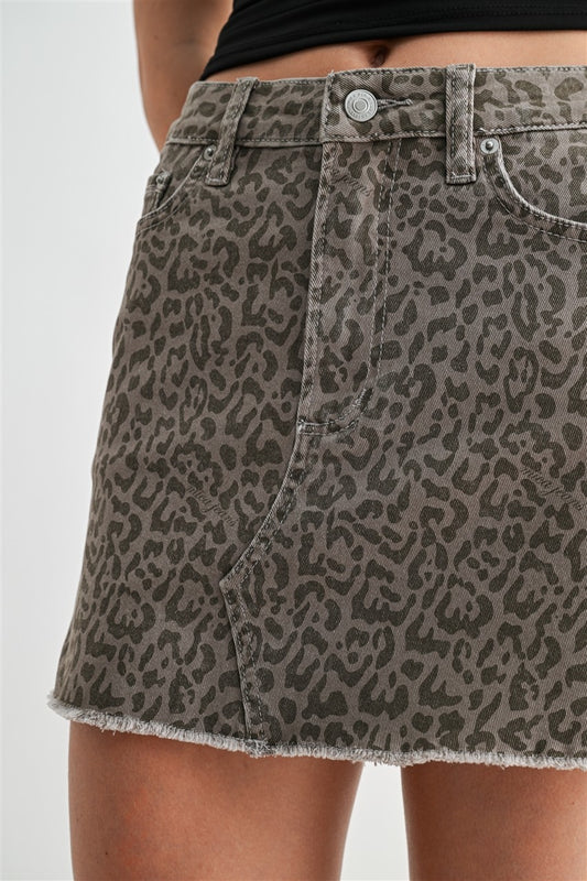 Raw hem leopard denim skirt