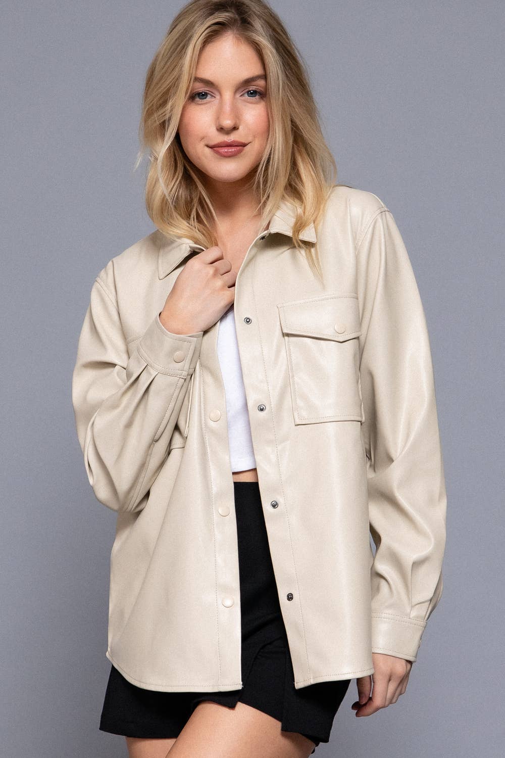Long Sleeve Faux Leather Shacket