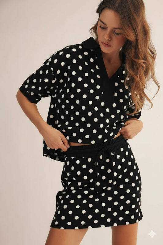 Polka dot collared shirt with skirt set