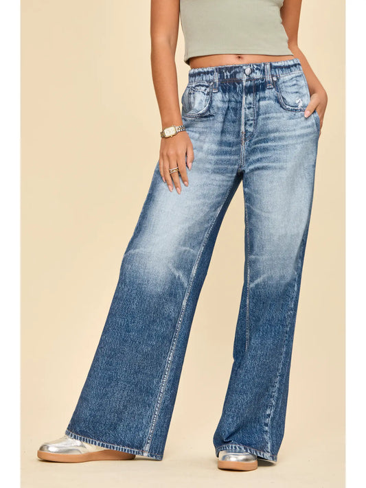 Medium wash pull on sweatpant jeans