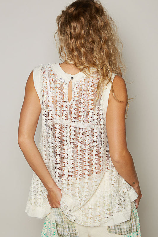 Mixed fabric sleeveless top (missing button on back)