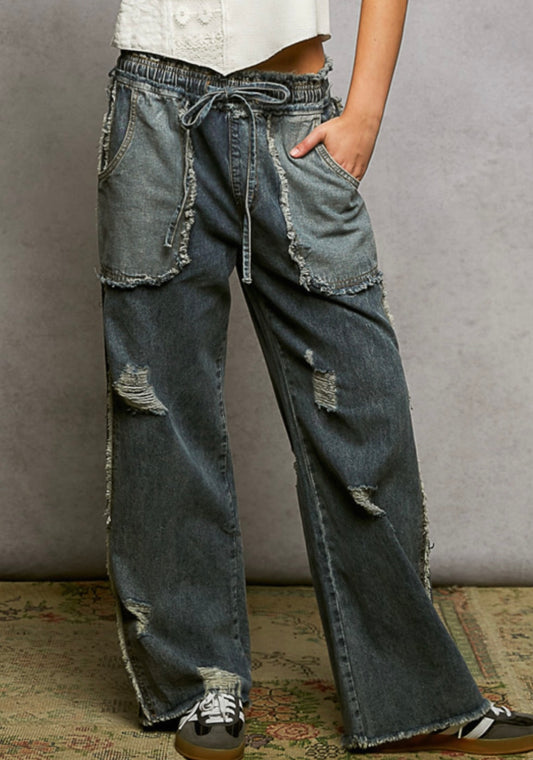 Pull on distressed jeans