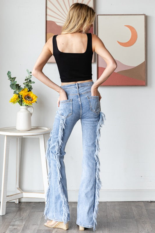 Frayed stretch flare denim