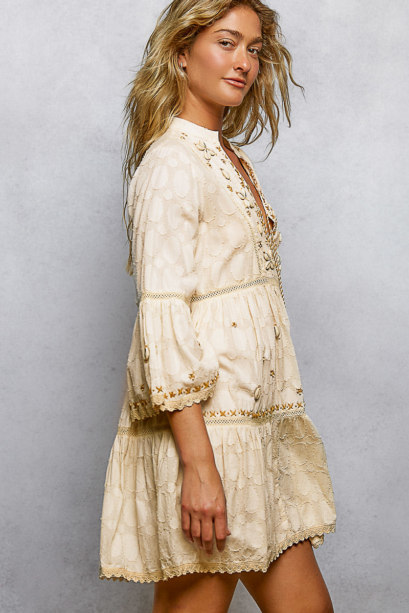 Embroidered mini dress with shell detail