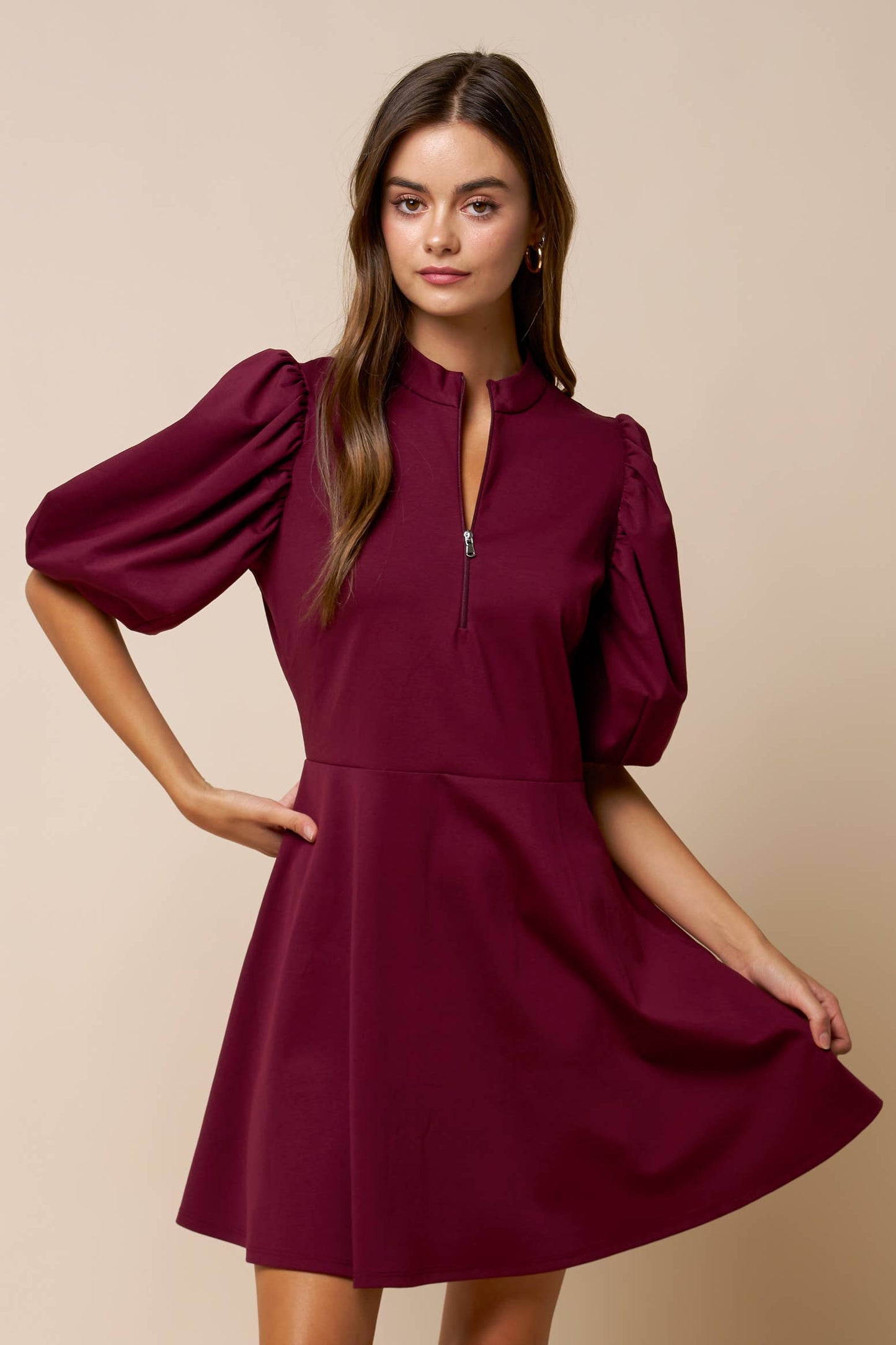Hi Neck Puff Sleeve Fit & Flare Scuba Dress