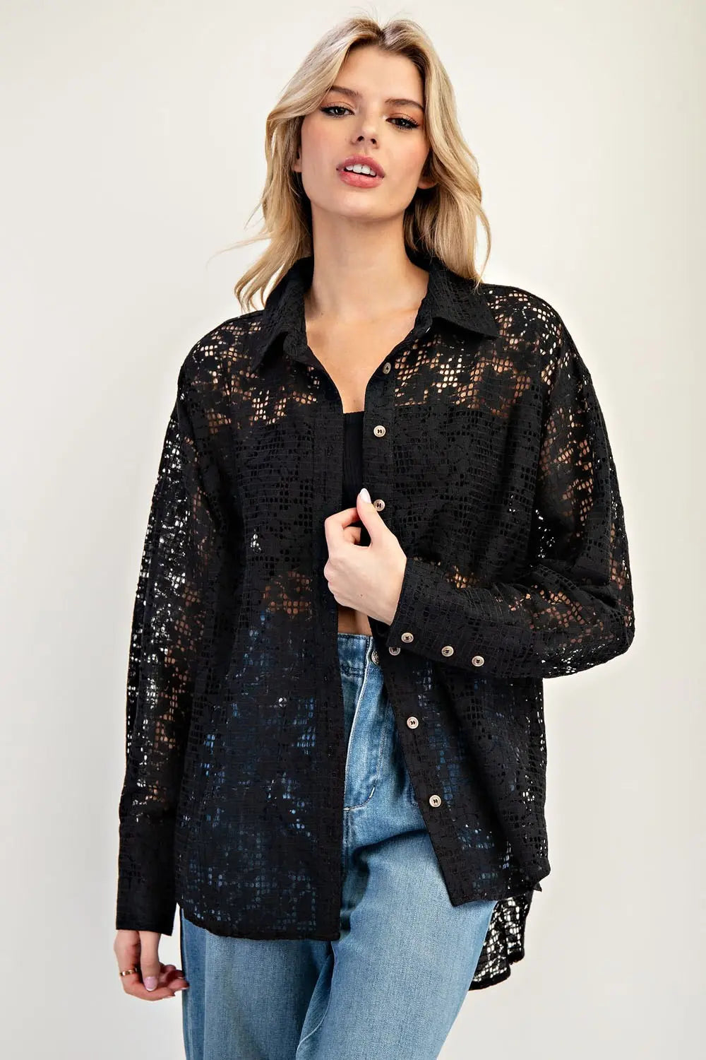 Lace long sleeve button down shirt