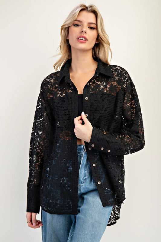 Lace long sleeve button down shirt