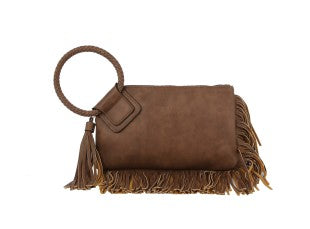 Vegan leather fringe trim wristlet